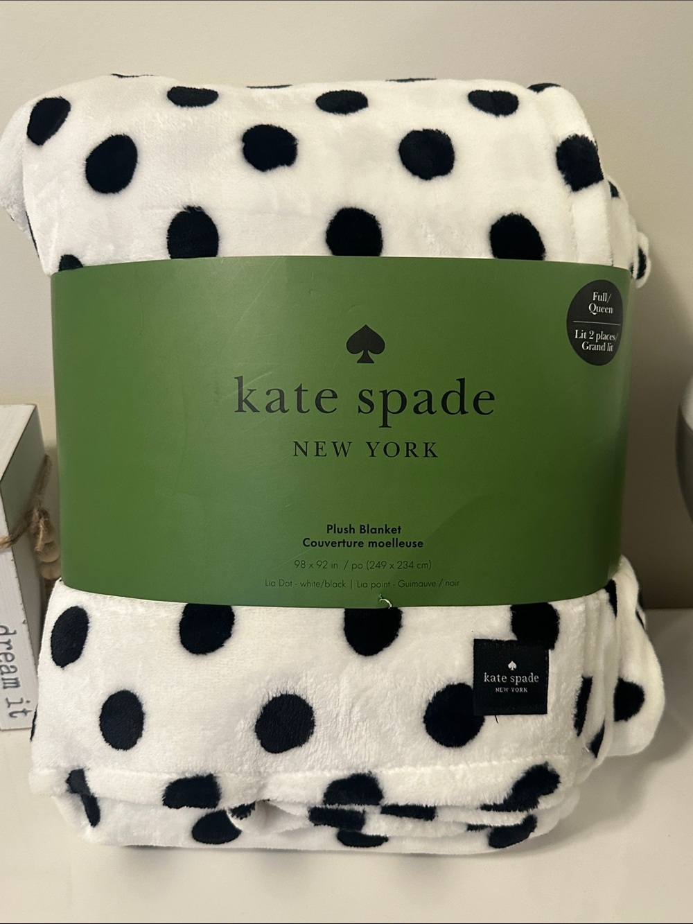 kate spade White Plush Blanket with Black Polka Dots